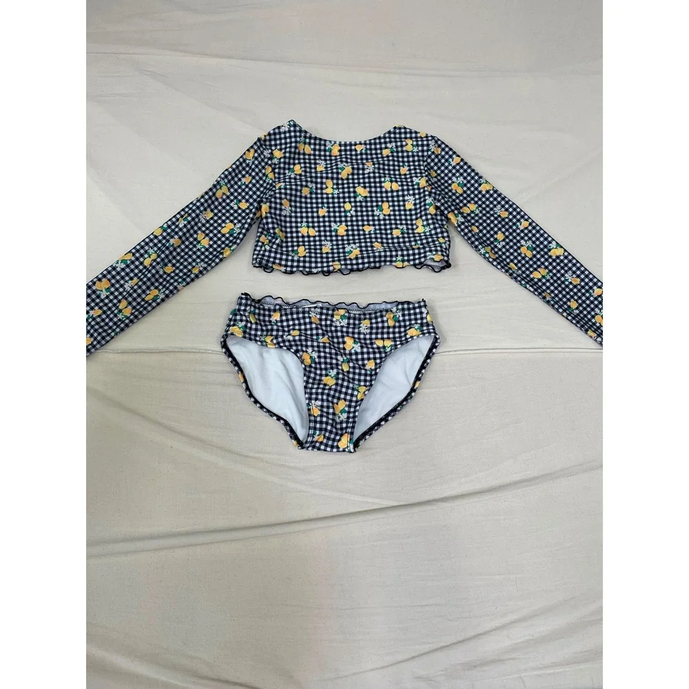 Cat & Jack Girls XL 14 Lemon Gingham Long Sleeve Rash Guard 2 Piece Swimsuit NWT